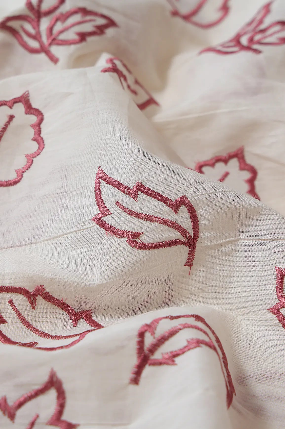 AIzaSyBcstauz-XMPRhEY21AUzeo032pxrXB5Ug - Beautiful Mauve Leafy Embroidery On Off White Organic Cotton Fabric