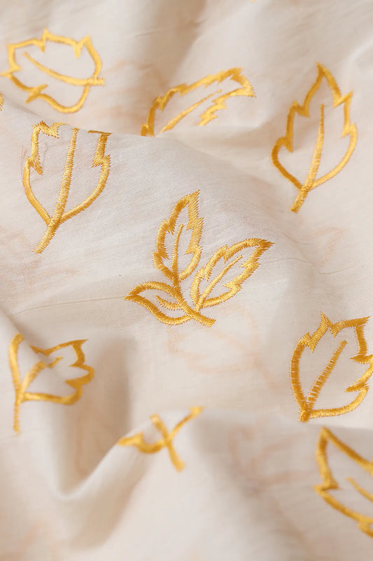 AIzaSyBcstauz-XMPRhEY21AUzeo032pxrXB5Ug - Beautiful Mustard Leafy Embroidery On Off White Organic Cotton Fabric