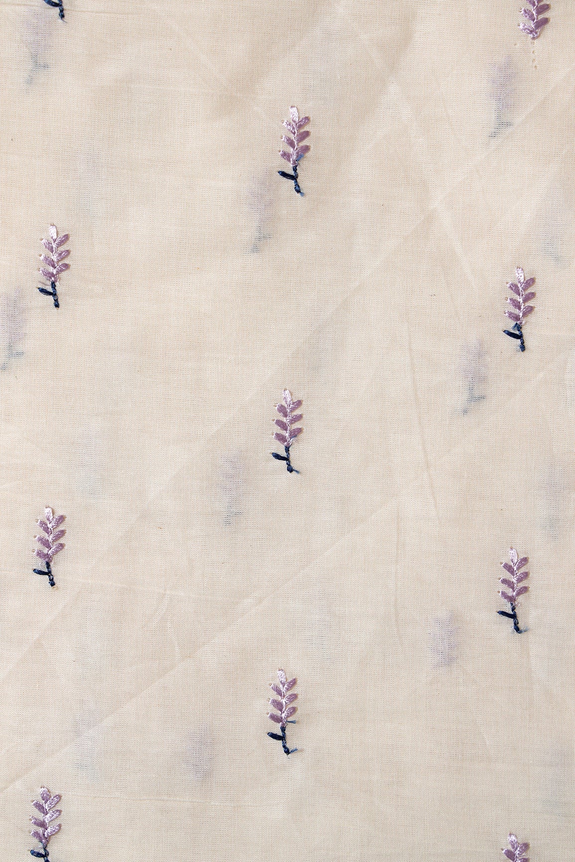 AIzaSyBcstauz-XMPRhEY21AUzeo032pxrXB5Ug - Lavender Small Leafy Embroidery On Off White Pure Cotton Fabric