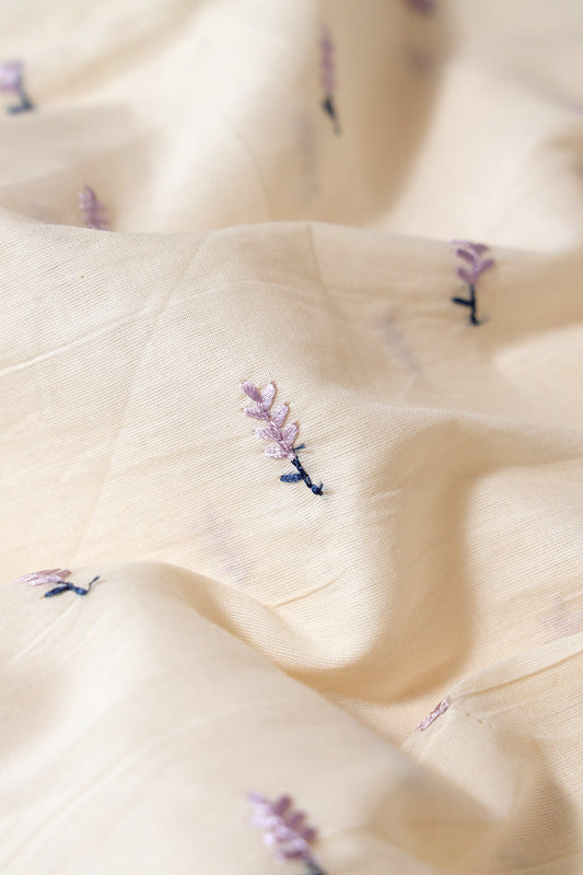 AIzaSyBcstauz-XMPRhEY21AUzeo032pxrXB5Ug - Lavender Small Leafy Embroidery On Off White Pure Cotton Fabric