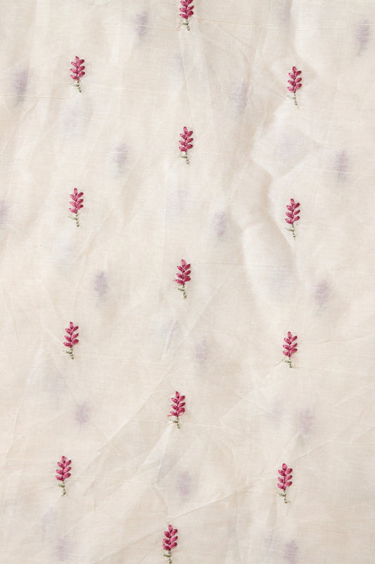 Mauve Small Leafy Embroidery On Off White Pure Cotton Fabric
