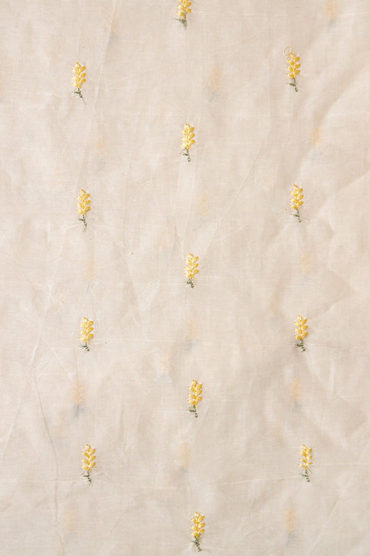 Pastel Yellow Small Leafy Embroidery On Off White Pure Cotton Fabric