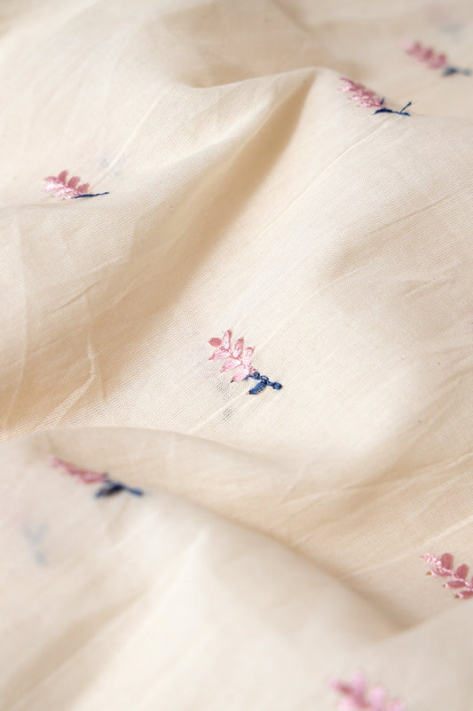 Lilac Small Leafy Embroidery On Off White Pure Cotton Fabric