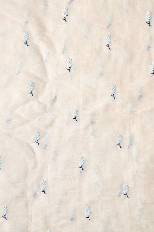 Sky Blue Small Leafy Embroidery On Off White Pure Cotton Fabric