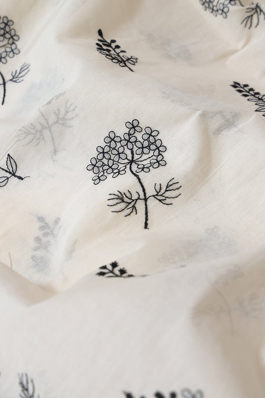 AIzaSyBcstauz-XMPRhEY21AUzeo032pxrXB5Ug - Black Thread beautiful Leafy Embroidery On Off White Organic Cotton Fabric