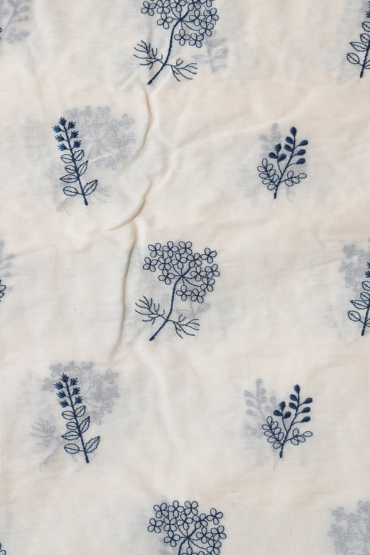Navy Blue Thread beautiful Leafy Embroidery On Off White Organic Cotton Fabric