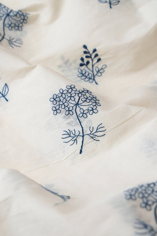 Navy Blue Thread beautiful Leafy Embroidery On Off White Organic Cotton Fabric