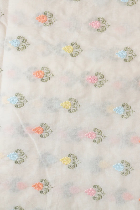 Pastel Thread Floral Butta Embroidery On Off White Organic Cotton Fabric
