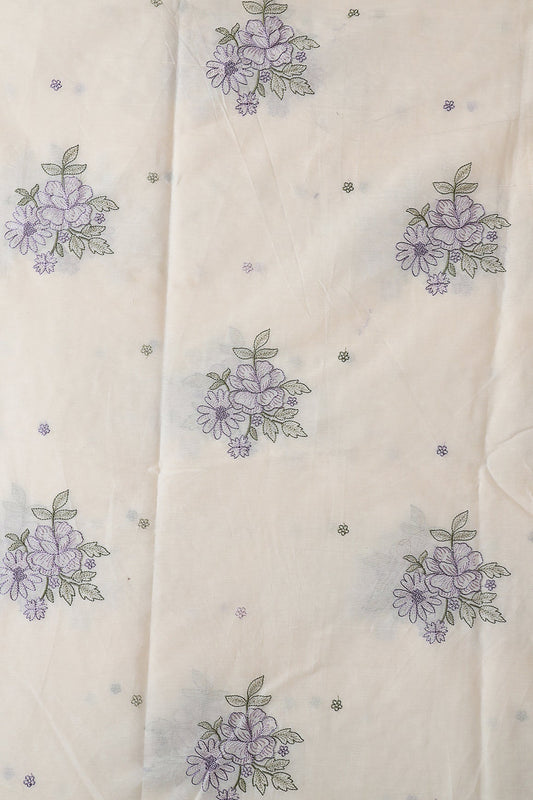 Purple And Olive Thread beautiful Floral Embroidery On Off White Organic Cotton Fabric