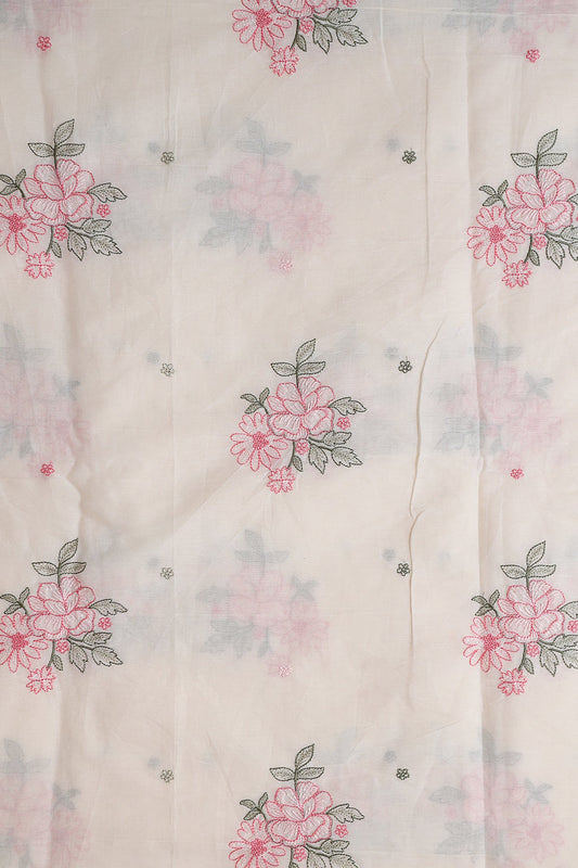 Pink And Olive Embroidery On Off White Organic Cotton Unstitched Suit Set (2 Piece)