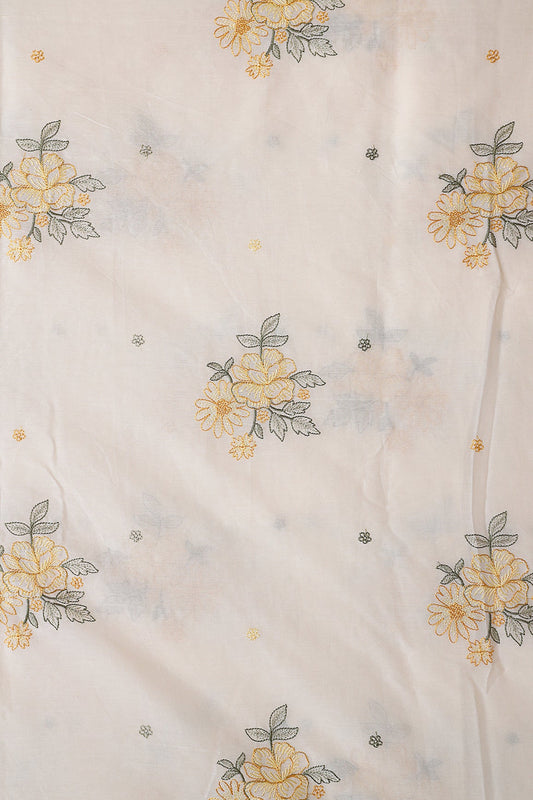 Mustard And Olive  Embroidery On Off White Organic Cotton Unstitched Suit Set (2 Piece)