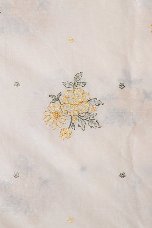Mustard And Olive Thread beautiful Floral Embroidery On Off White Organic Cotton Fabric