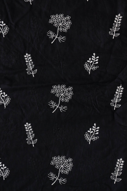 White Thread beautiful Leafy Embroidery On Black Organic Cotton Fabric