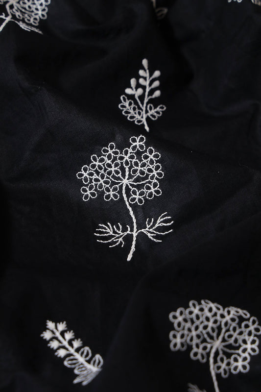 White Thread beautiful Leafy Embroidery On Black Organic Cotton Fabric