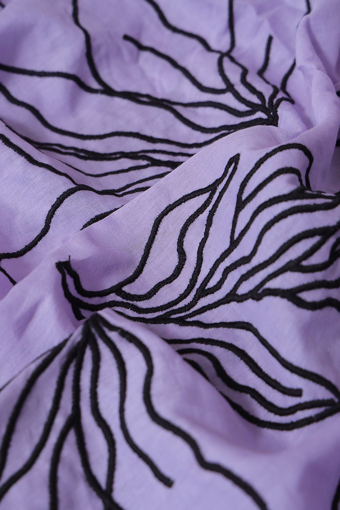 AIzaSyBcstauz-XMPRhEY21AUzeo032pxrXB5Ug - Beautiful Black Floral Embroidery On Lavender Pure Mul Cotton Fabric