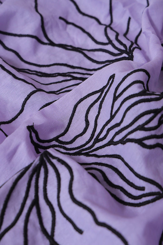AIzaSyBcstauz-XMPRhEY21AUzeo032pxrXB5Ug - Beautiful Black Floral Embroidery On Lavender Pure Mul Cotton Fabric