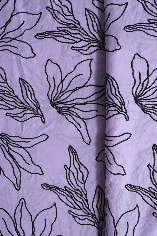 AIzaSyBcstauz-XMPRhEY21AUzeo032pxrXB5Ug - Beautiful Black Floral Embroidery On Lavender Pure Mul Cotton Fabric