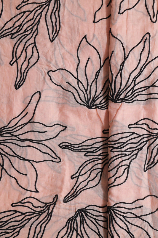 AIzaSyBcstauz-XMPRhEY21AUzeo032pxrXB5Ug - Beautiful Black Floral Embroidery On Peach Pure Mul Cotton Fabric