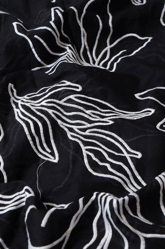 AIzaSyBcstauz-XMPRhEY21AUzeo032pxrXB5Ug - Beautiful White Floral Embroidery On Black Pure Mul Cotton Fabric