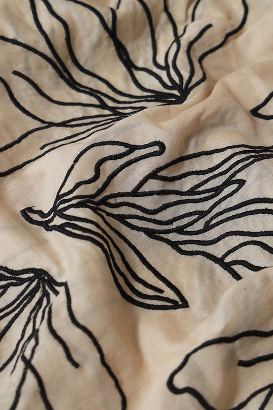 AIzaSyBcstauz-XMPRhEY21AUzeo032pxrXB5Ug - Beautiful Black Floral Embroidery On Beige Pure Mul Cotton Fabric