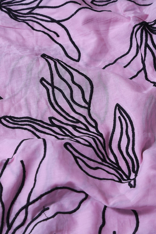 AIzaSyBcstauz-XMPRhEY21AUzeo032pxrXB5Ug - Beautiful Black Floral Embroidery On Lilac Pure Mul Cotton Fabric