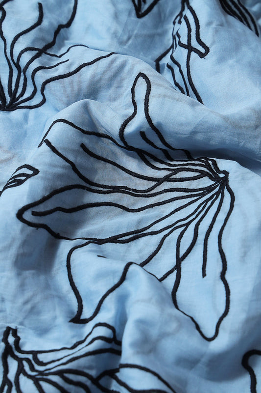 AIzaSyBcstauz-XMPRhEY21AUzeo032pxrXB5Ug - Beautiful Black Floral Embroidery On Pastel Blue Pure Mul Cotton Fabric