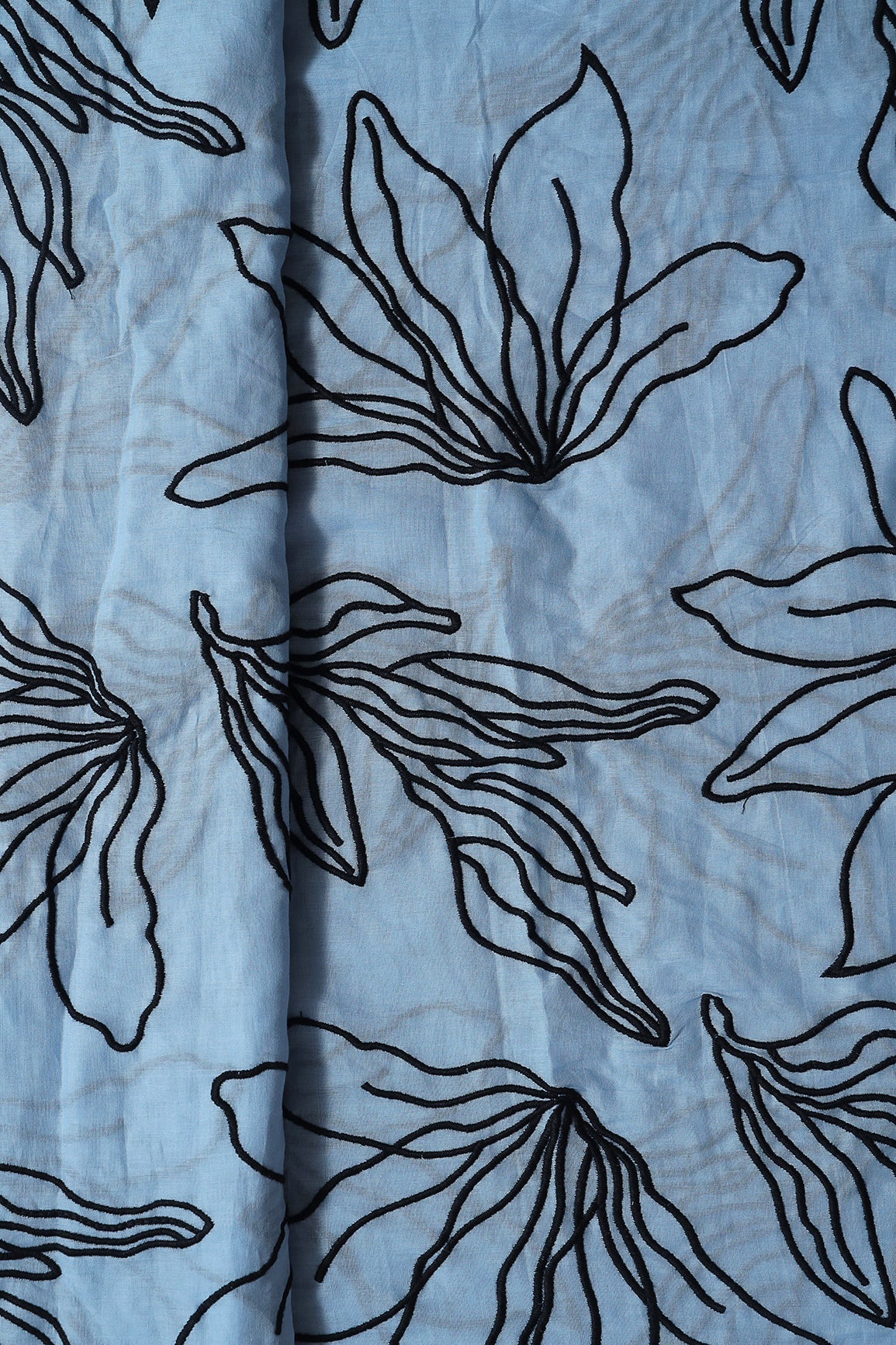AIzaSyBcstauz-XMPRhEY21AUzeo032pxrXB5Ug - Beautiful Black Floral Embroidery On Pastel Blue Pure Mul Cotton Fabric