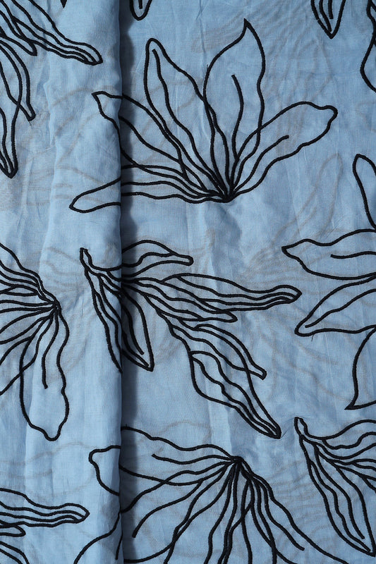 AIzaSyBcstauz-XMPRhEY21AUzeo032pxrXB5Ug - Beautiful Black Floral Embroidery On Pastel Blue Pure Mul Cotton Fabric