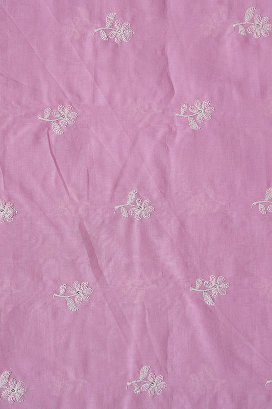 White Thread Small Floral Embroidery On Lilac Pure Mul Cotton Fabric