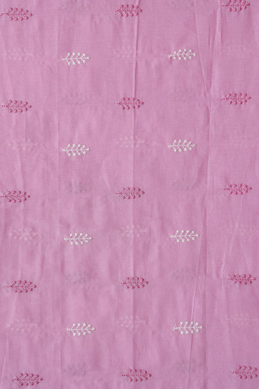 Lilac And White Thread Leafy Embroidery On Lilac Pure Mul Cotton Fabric