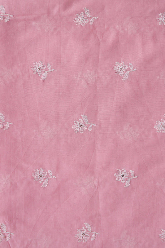 White Thread Small Floral Embroidery On Pink Pure Mul Cotton Fabric