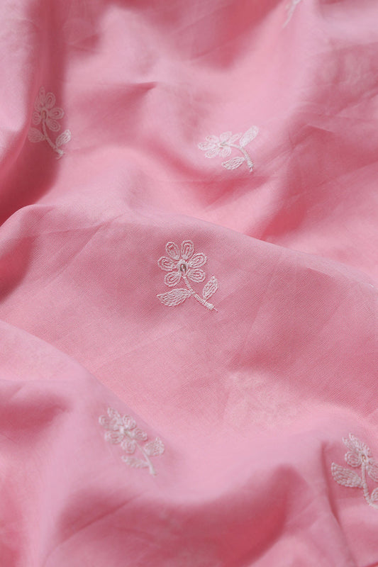 White Thread Small Floral Embroidery On Pink Pure Mul Cotton Fabric