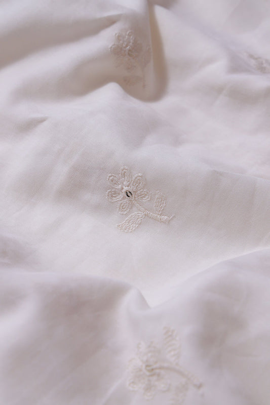 White Thread Small Floral Embroidery On Off White Pure Mul Cotton Fabric