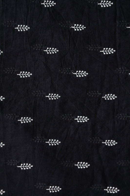 White Thread Leafy Embroidery On Black Pure Mul Cotton Fabric