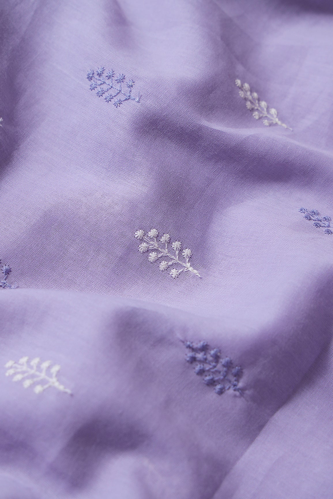 AIzaSyBcstauz-XMPRhEY21AUzeo032pxrXB5Ug - Lavender And White Thread Leafy Embroidery On Lavender Pure Mul Cotton Fabric
