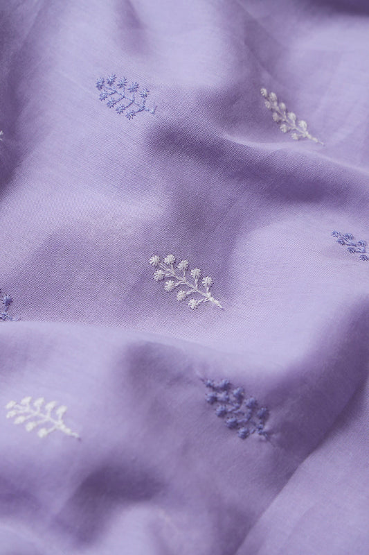 AIzaSyBcstauz-XMPRhEY21AUzeo032pxrXB5Ug - Lavender And White Thread Leafy Embroidery On Lavender Pure Mul Cotton Fabric