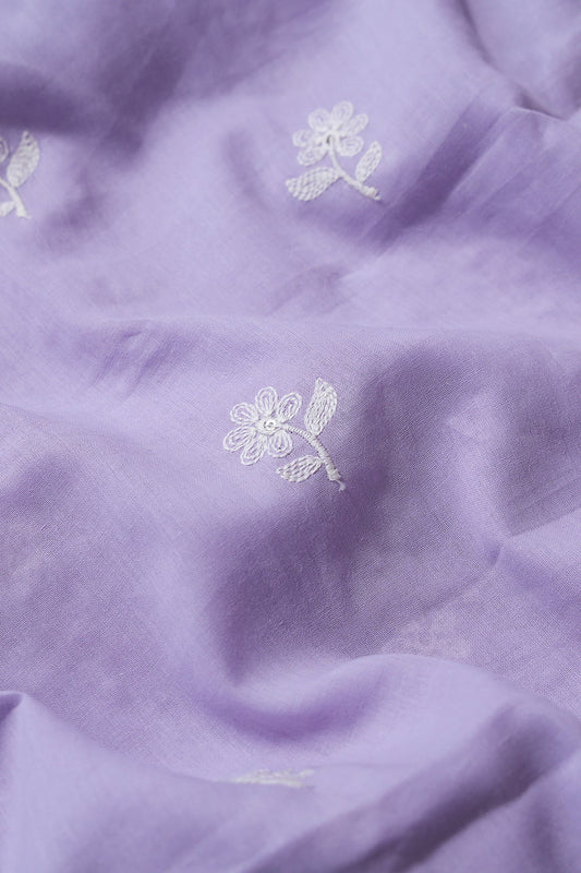 White Thread Small Floral Embroidery On Lavender Pure Mul Cotton Fabric