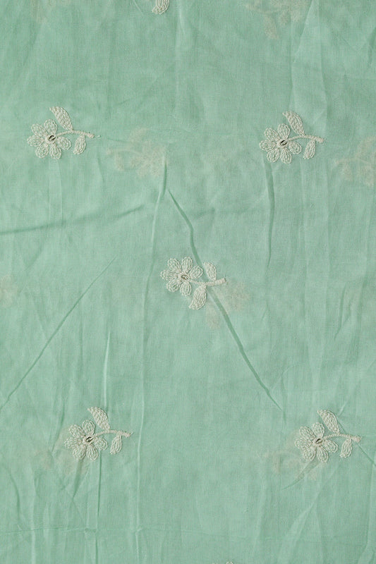 White Thread Small Floral Embroidery On Sea Green Pure Mul Cotton Fabric