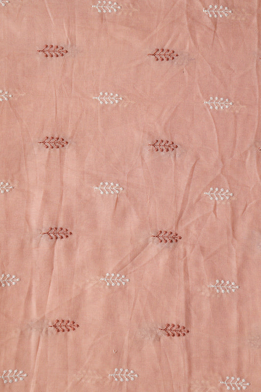 Peach And White Thread Leafy Embroidery On Peach Pure Mul Cotton Fabric