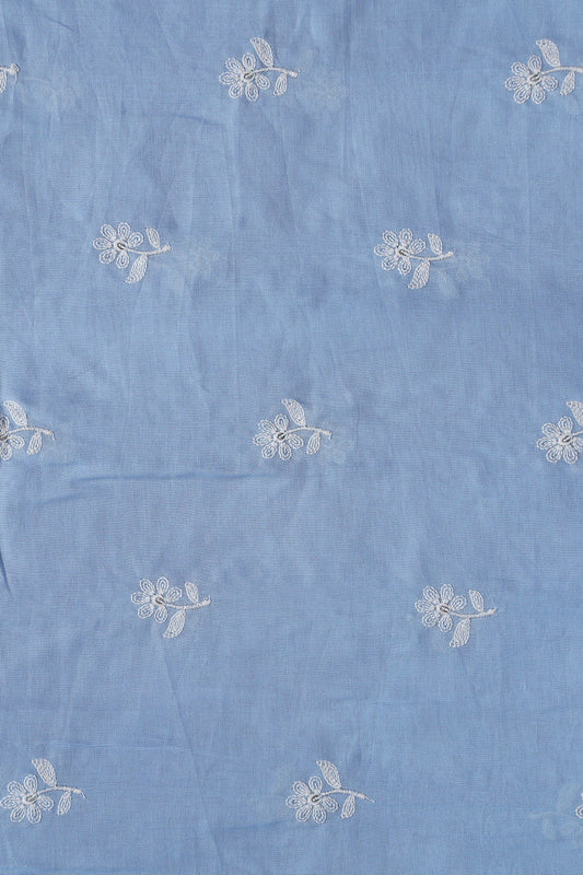 White Thread Small Floral Embroidery On Pastel Blue Pure Mul Cotton Fabric