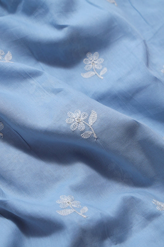 White Thread Small Floral Embroidery On Pastel Blue Pure Mul Cotton Fabric