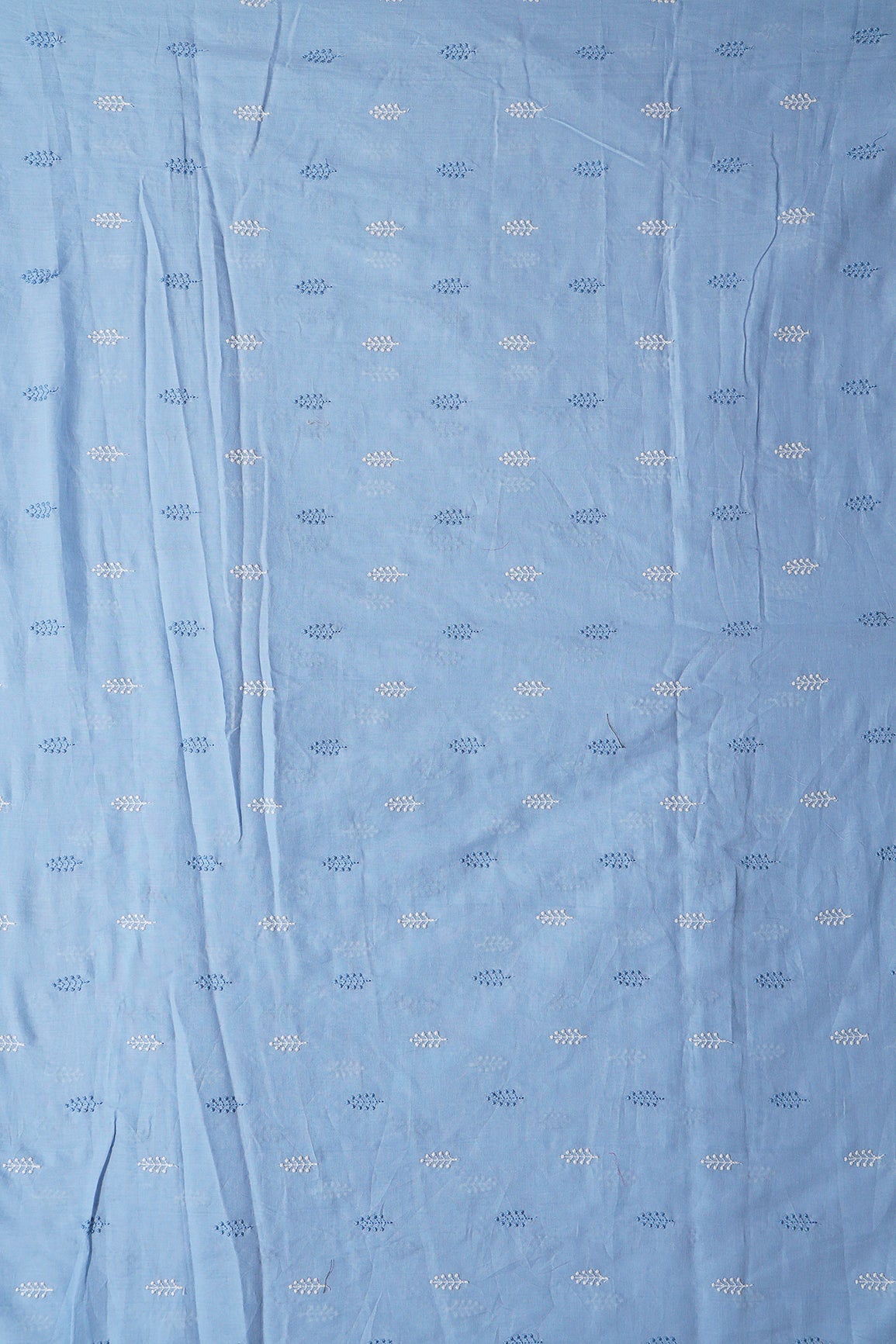 AIzaSyBcstauz-XMPRhEY21AUzeo032pxrXB5Ug - Blue And White Thread Leafy Embroidery On Pastel Blue Pure Mul Cotton Fabric