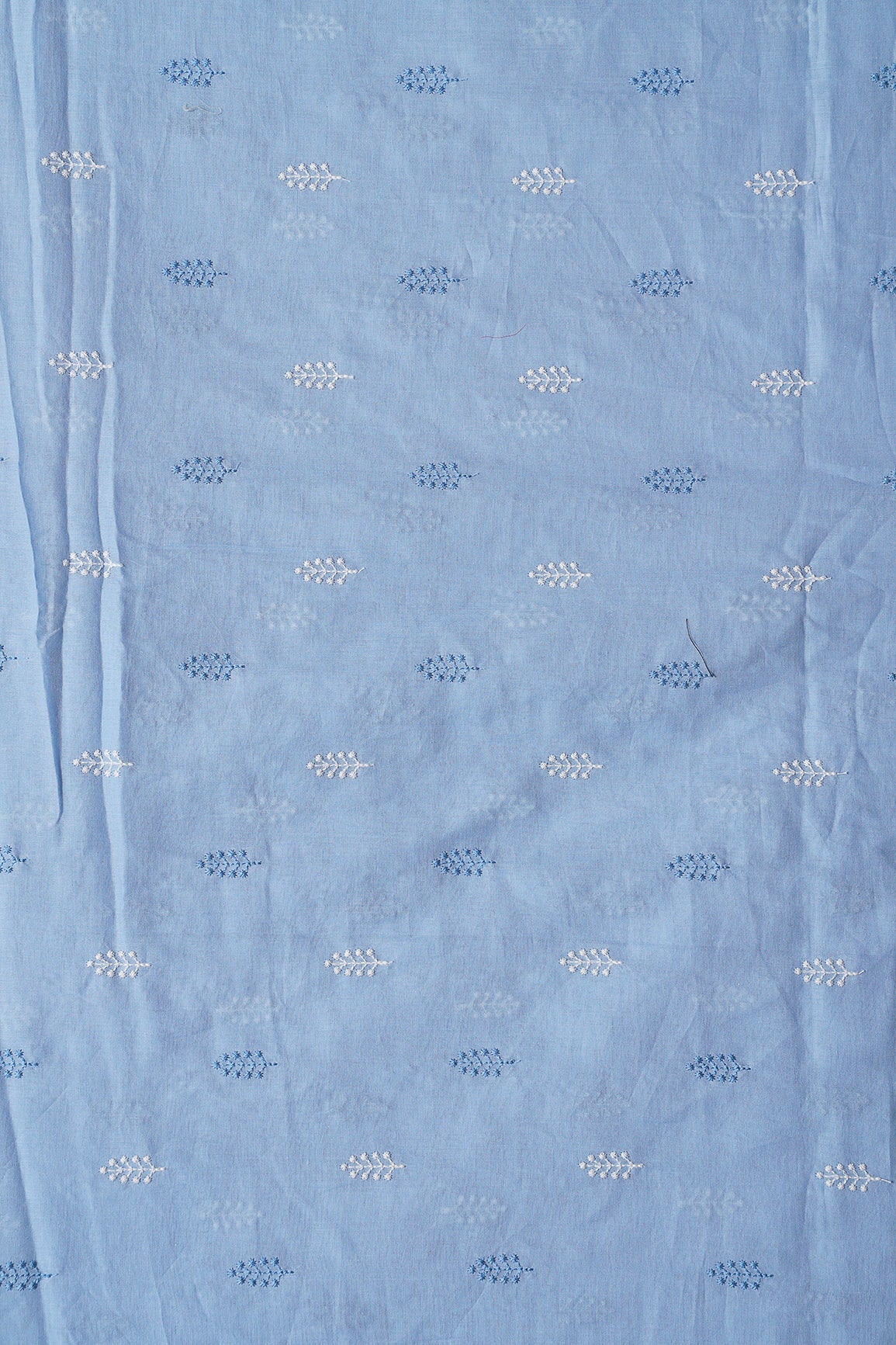 AIzaSyBcstauz-XMPRhEY21AUzeo032pxrXB5Ug - Blue And White Thread Leafy Embroidery On Pastel Blue Pure Mul Cotton Fabric