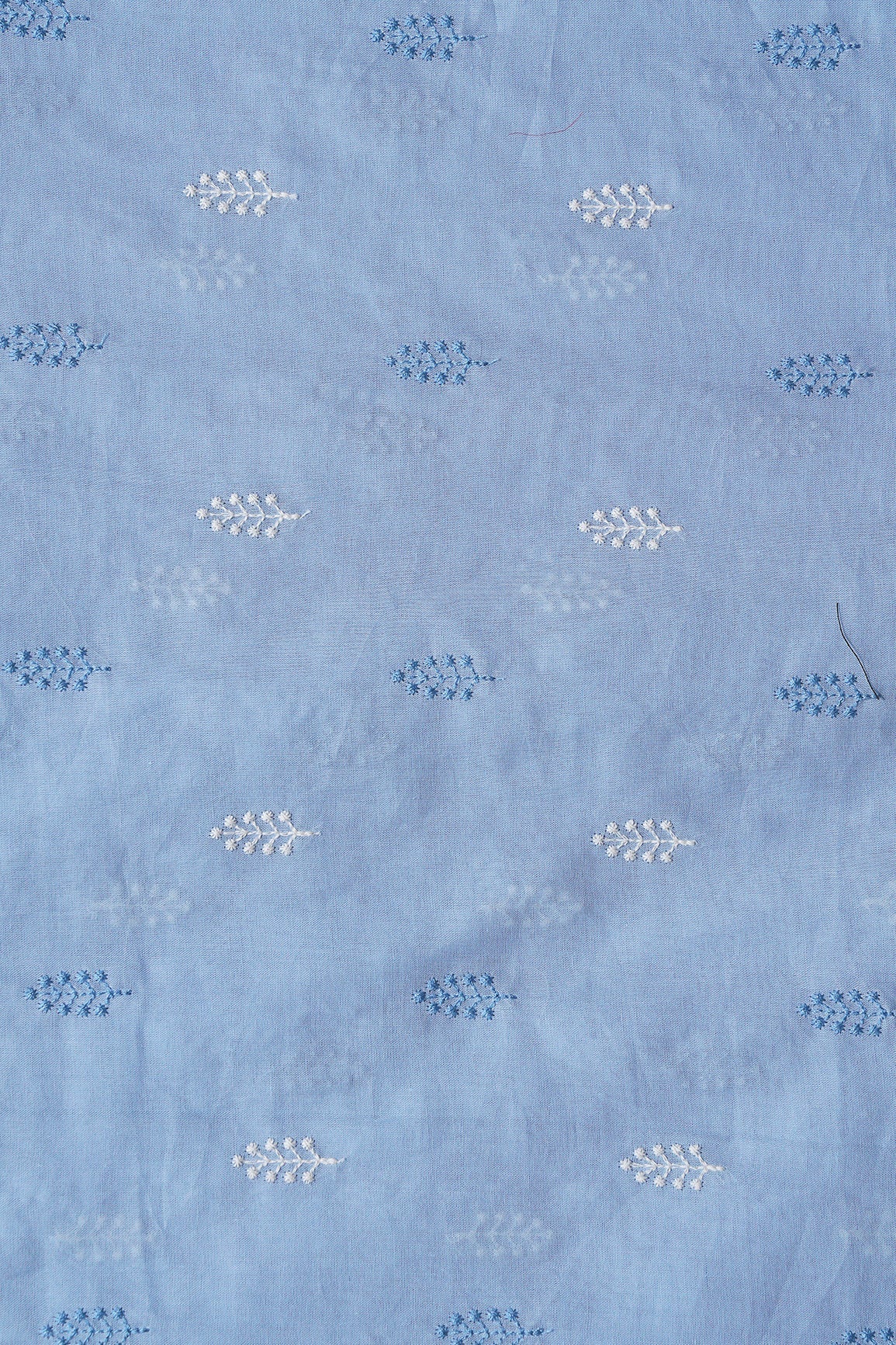 AIzaSyBcstauz-XMPRhEY21AUzeo032pxrXB5Ug - Blue And White Thread Leafy Embroidery On Pastel Blue Pure Mul Cotton Fabric