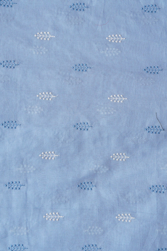 AIzaSyBcstauz-XMPRhEY21AUzeo032pxrXB5Ug - Blue And White Thread Leafy Embroidery On Pastel Blue Pure Mul Cotton Fabric