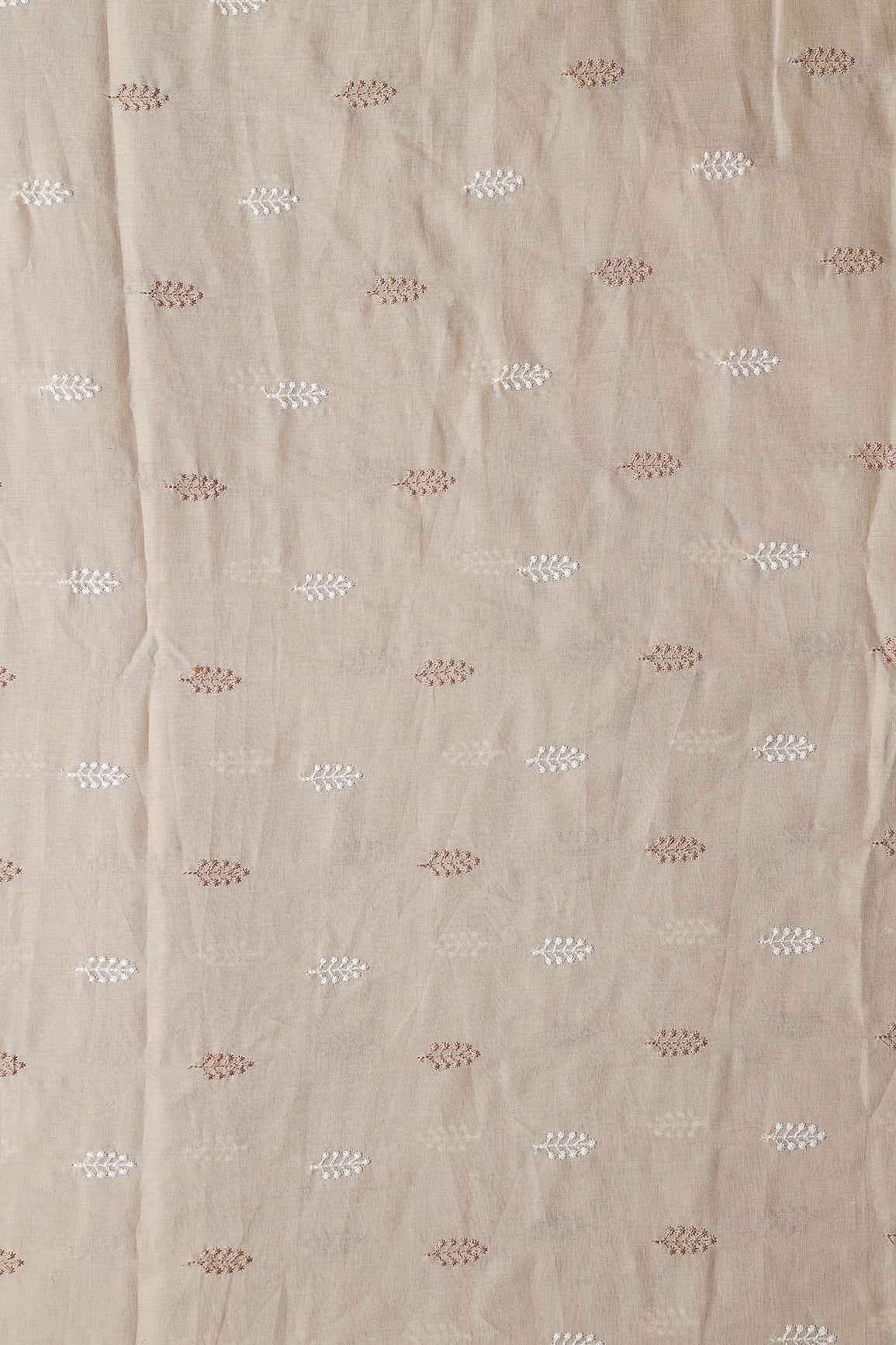 AIzaSyBcstauz-XMPRhEY21AUzeo032pxrXB5Ug - Beige And White Thread Leafy Embroidery On Beige Pure Mul Cotton Fabric