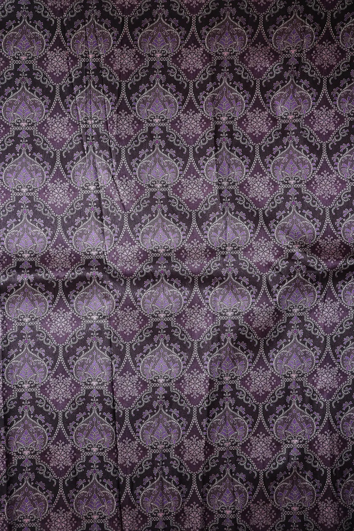 AIzaSyBcstauz-XMPRhEY21AUzeo032pxrXB5Ug - Black And Purple Traditional Pattern Digital Print On Mulberry Silk Fabric