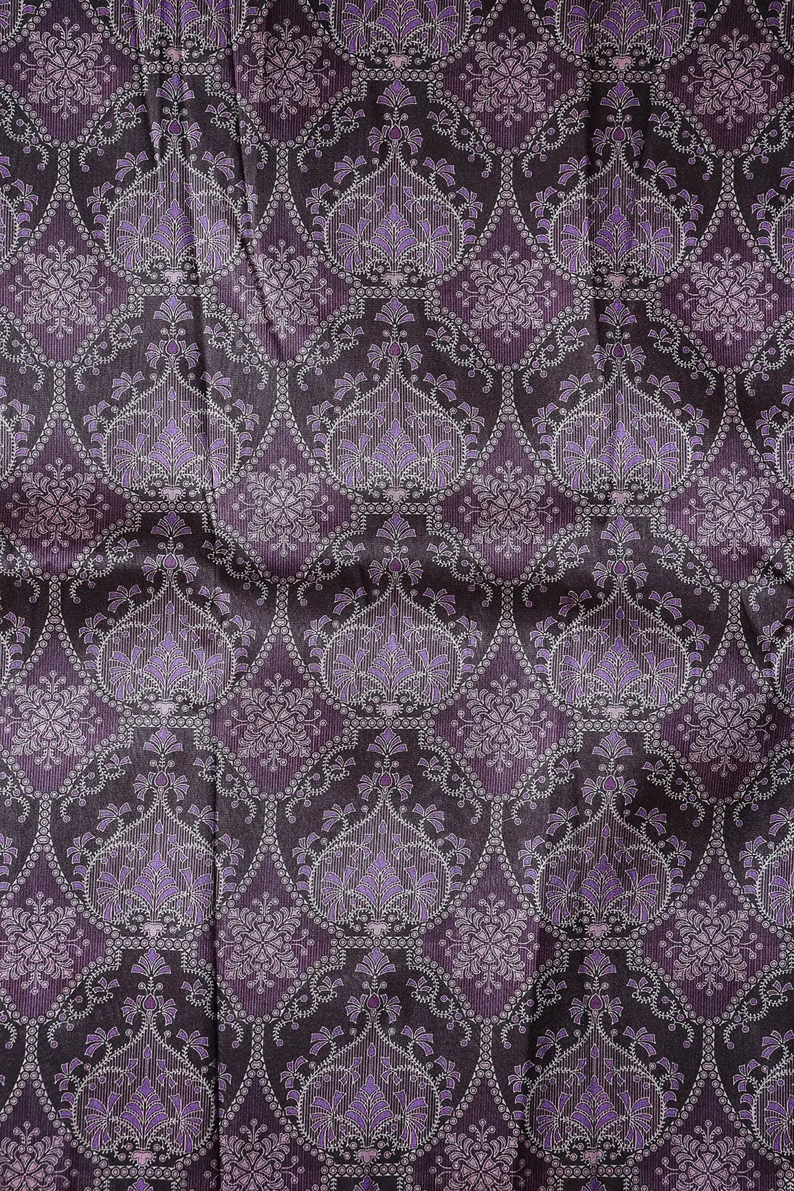 AIzaSyBcstauz-XMPRhEY21AUzeo032pxrXB5Ug - Black And Purple Traditional Pattern Digital Print On Mulberry Silk Fabric