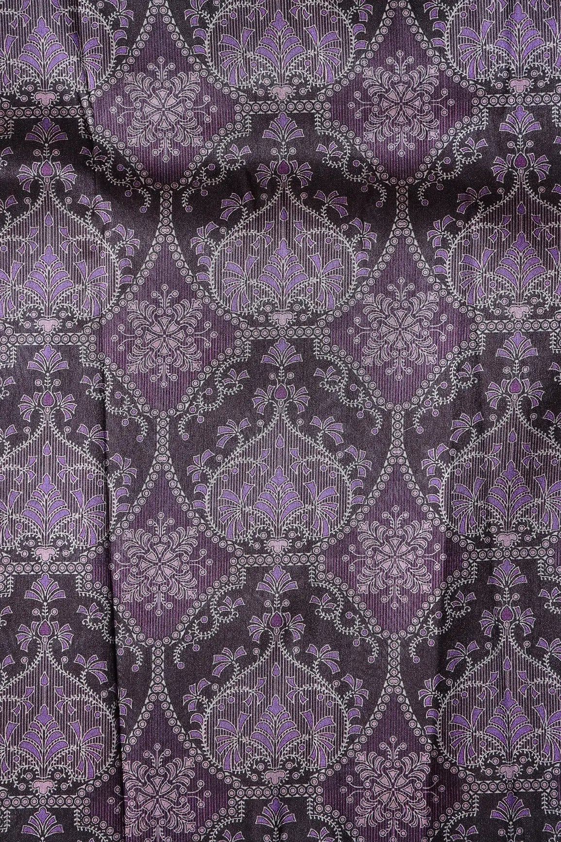 AIzaSyBcstauz-XMPRhEY21AUzeo032pxrXB5Ug - Black And Purple Traditional Pattern Digital Print On Mulberry Silk Fabric