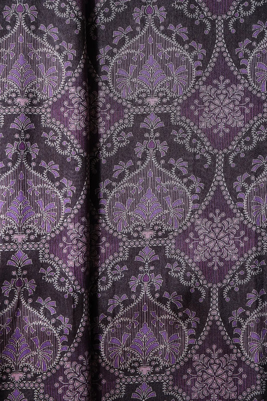 AIzaSyBcstauz-XMPRhEY21AUzeo032pxrXB5Ug - Black And Purple Traditional Pattern Digital Print On Mulberry Silk Fabric